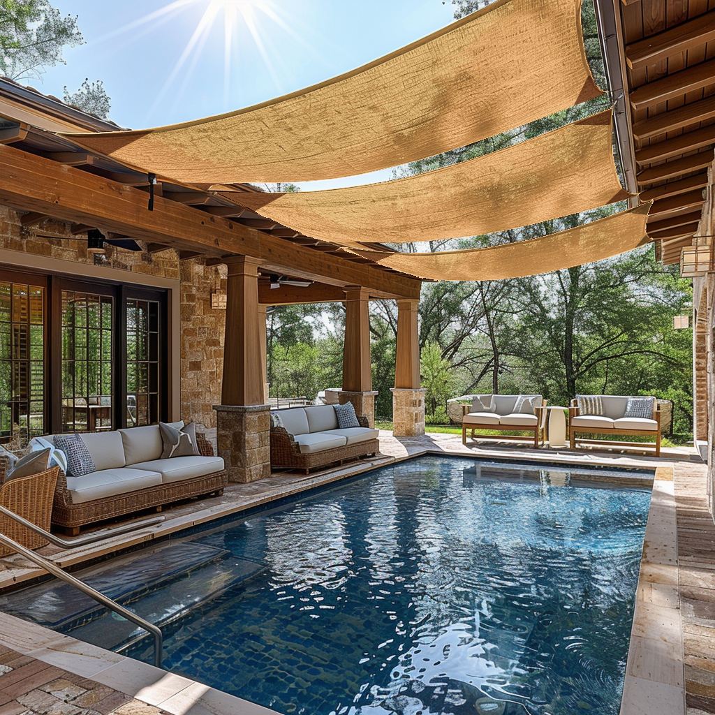 Custom sized breathable UV block rectangle HDPE sun shade sail covering a sunny outdoor patio, pool, and lounge seating.