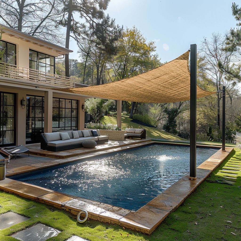 Custom breathable UV block rectangle HDPE sun shade sail provides protection over a modern patio with seating & sparkling pool.