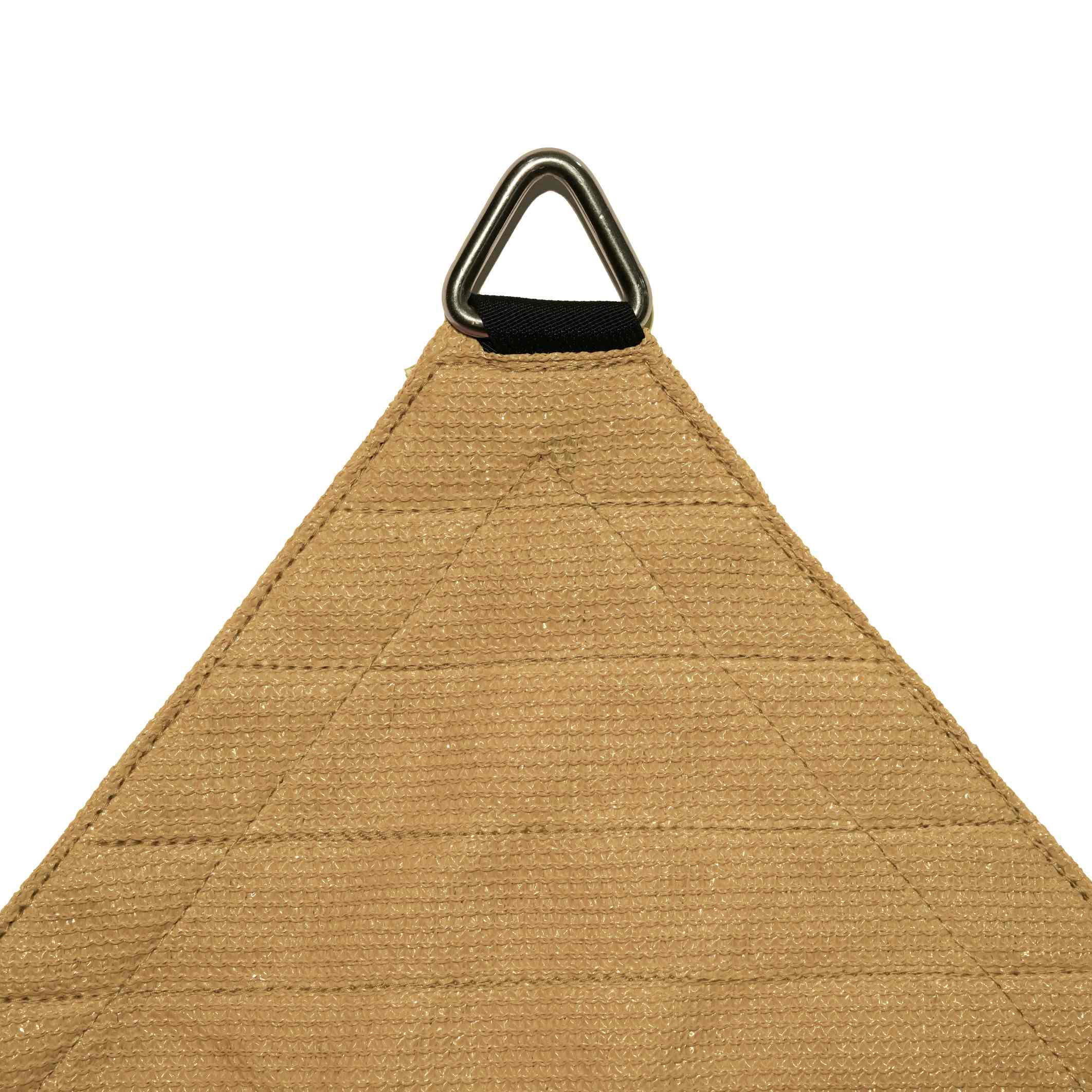 Close-up of a tan breathable HDPE sun shade sail corner with reinforced stitching and a heavy-duty D-ring for patio/pool.