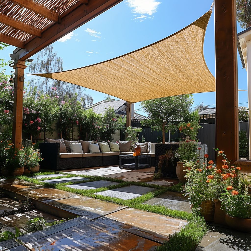 Tan custom-sized breathable UV block rectangle HDPE sun shade sail providing perfect shade over a modern patio retreat.