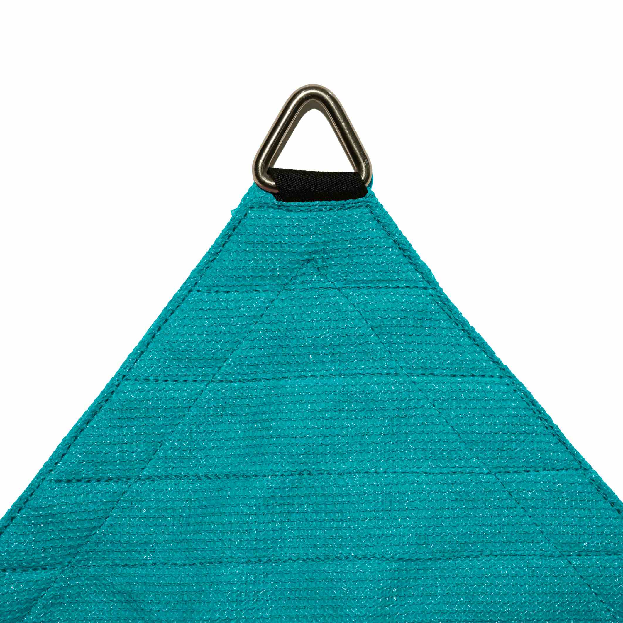Teal breathable HDPE sun shade sail corner, featuring strong UV block fabric and heavy-duty stainless steel D-ring for outdoor patios.