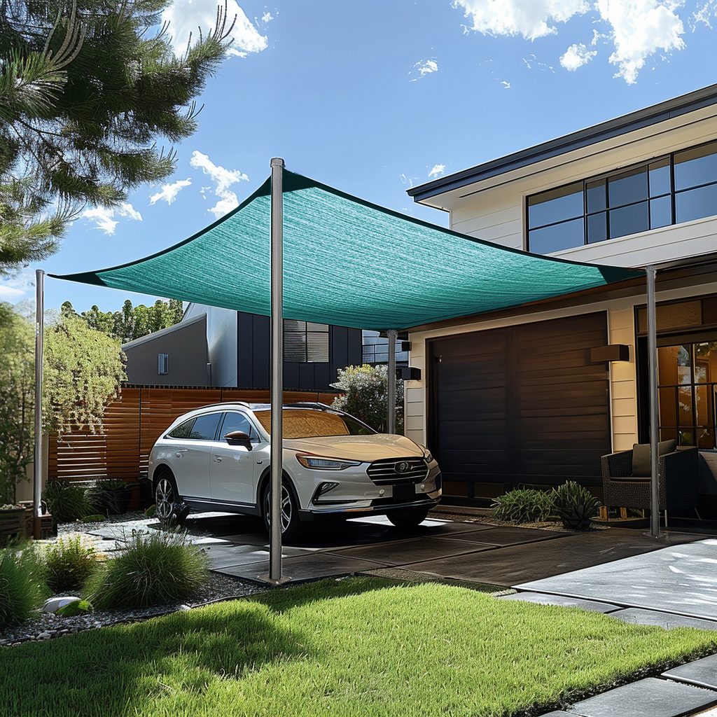 Custom teal rectangle HDPE sun shade sail providing breathable UV block over a white SUV in a modern driveway. Ideal for outdoor living areas.