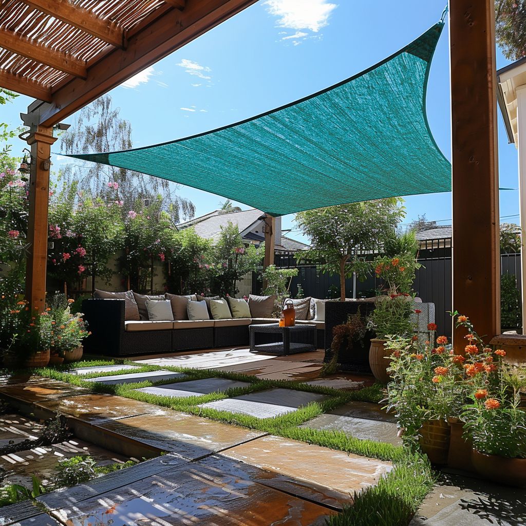 Custom sized teal rectangle HDPE sun shade sail shades a vibrant patio oasis with seating, offering breathable UV block protection.