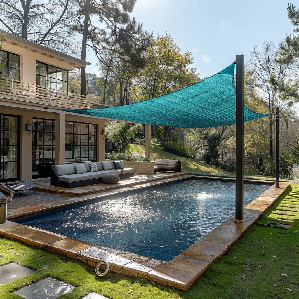 Custom sized breathable UV block rectangle HDPE sun shade sail covering a modern pool and stylish outdoor patio.