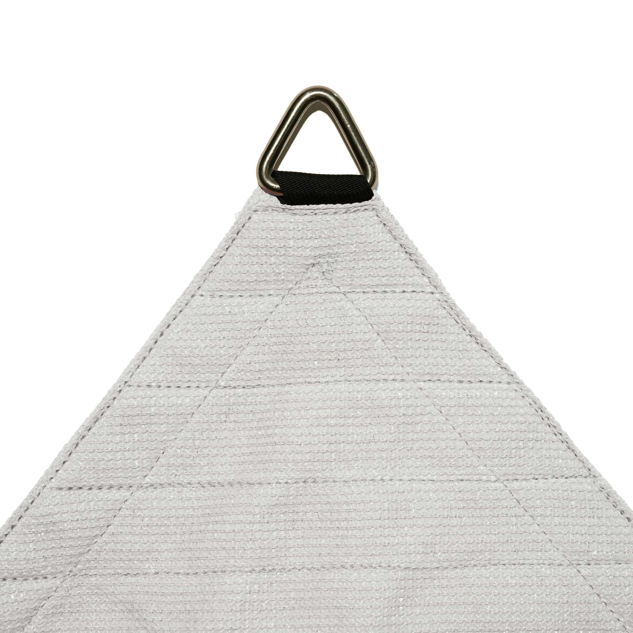 Close-up of light grey breathable HDPE sun shade sail corner with heavy-duty D-ring and reinforced stitching for patio/pool UV block.