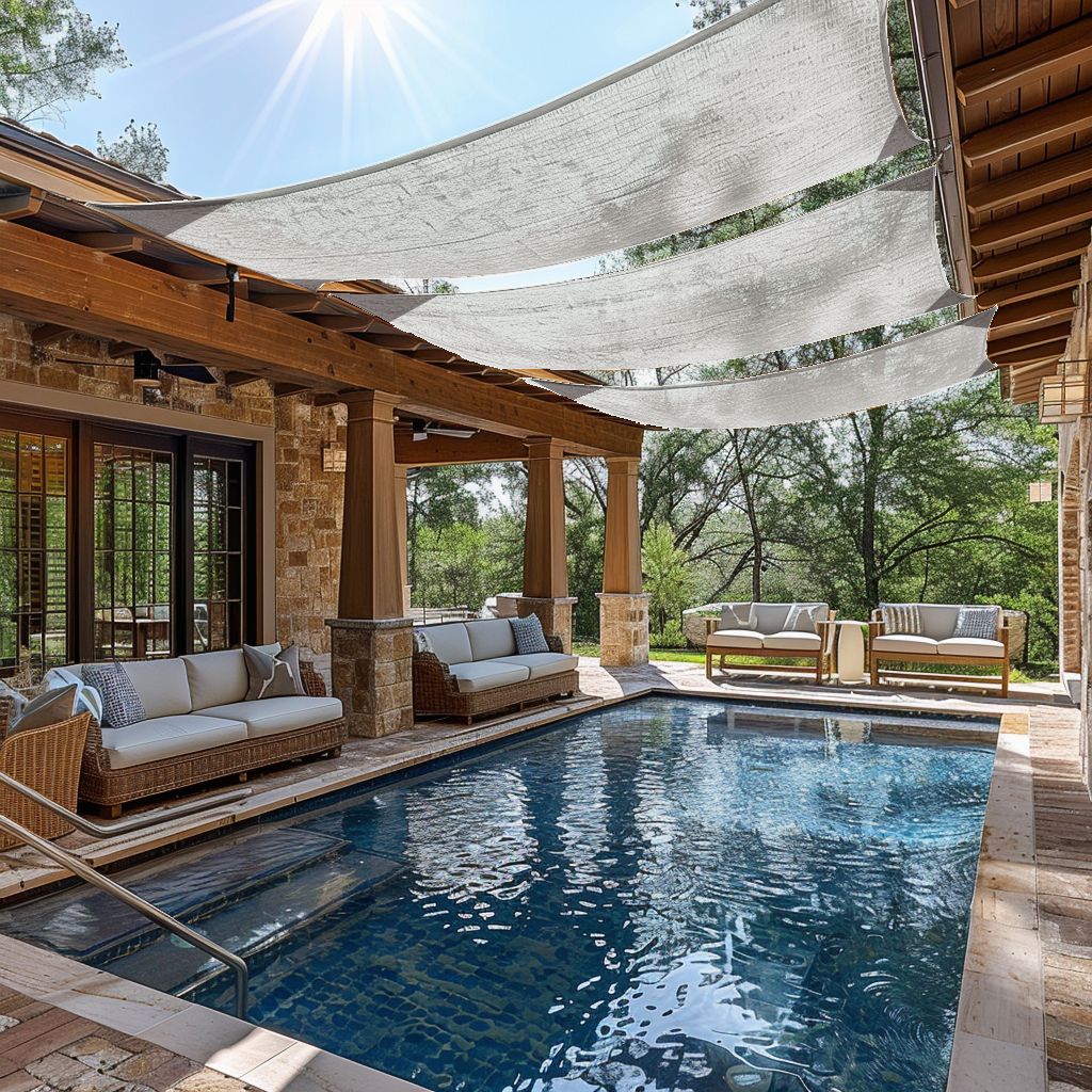Custom sized breathable UV block rectangle sun shade sails installed above a pool and patio with elegant outdoor furniture.