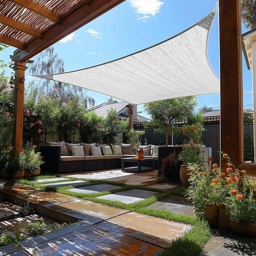 Custom sized breathable UV block sun shade sail covers a sunny patio with a modern outdoor sofa, pavers, & garden.