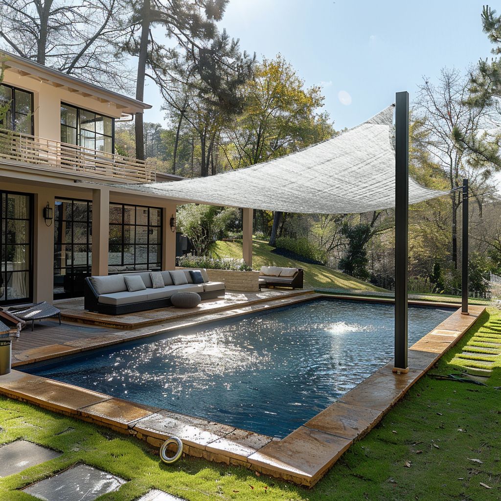 White breathable UV block rectangle sun shade sail protecting a modern patio with seating and sparkling pool.