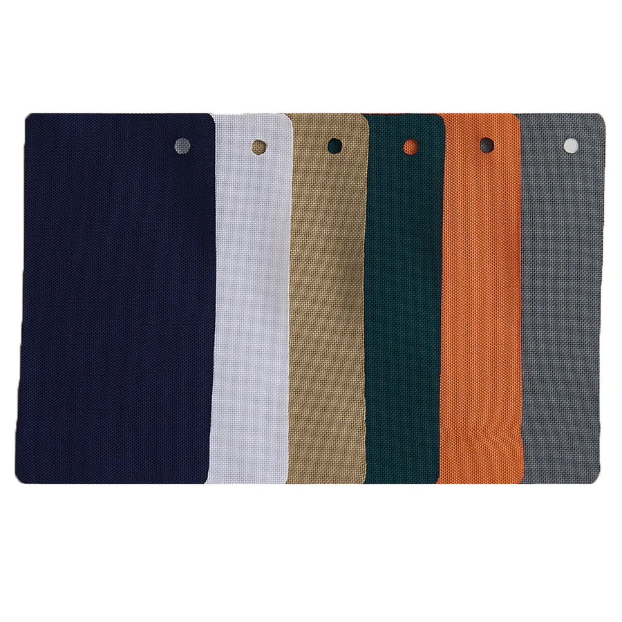 KGORGE outdoor curtain canvas fabric samples in navy, white, tan, dark green, orange, and grey, for shade solutions.