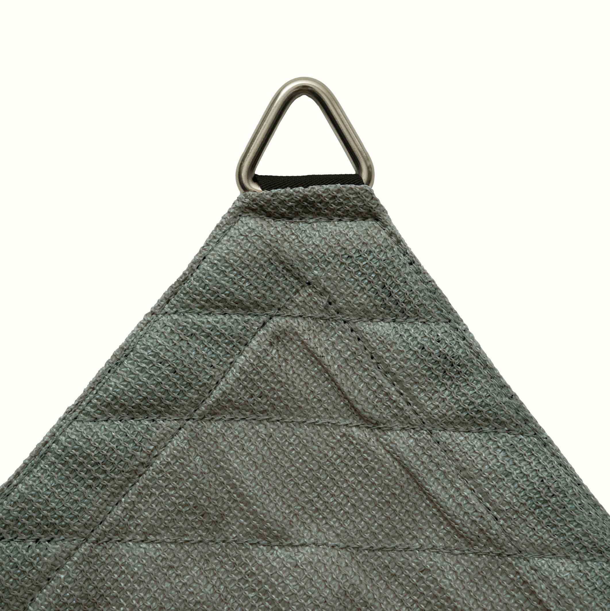 Close-up of a heavy-duty stainless steel D-ring on a grey breathable HDPE sun shade sail. Reinforced corner stitching for UV block protection.