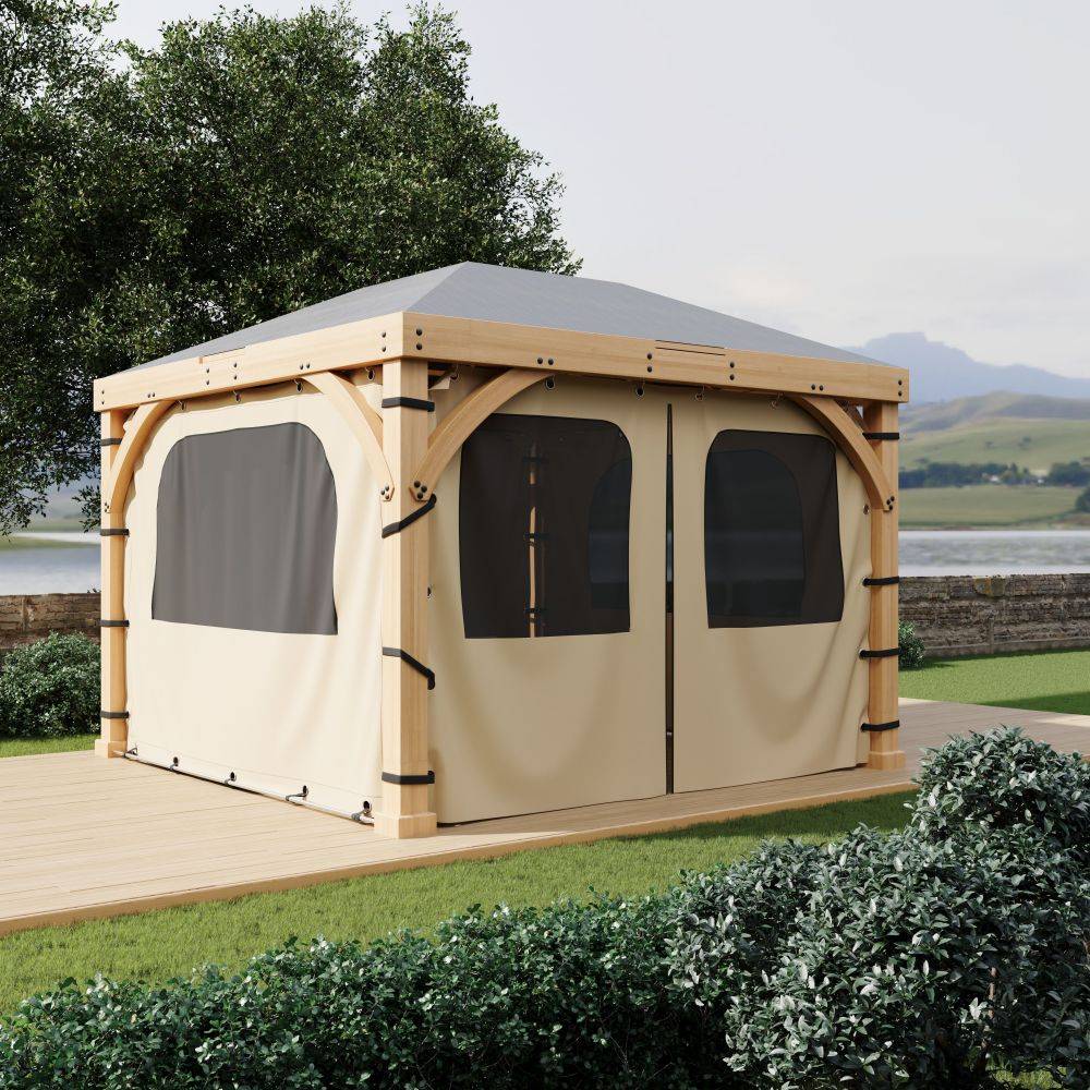 Beige heavy-duty waterproof outdoor gazebo side panel walls, featuring arched dark windows for privacy & all-weather protection.