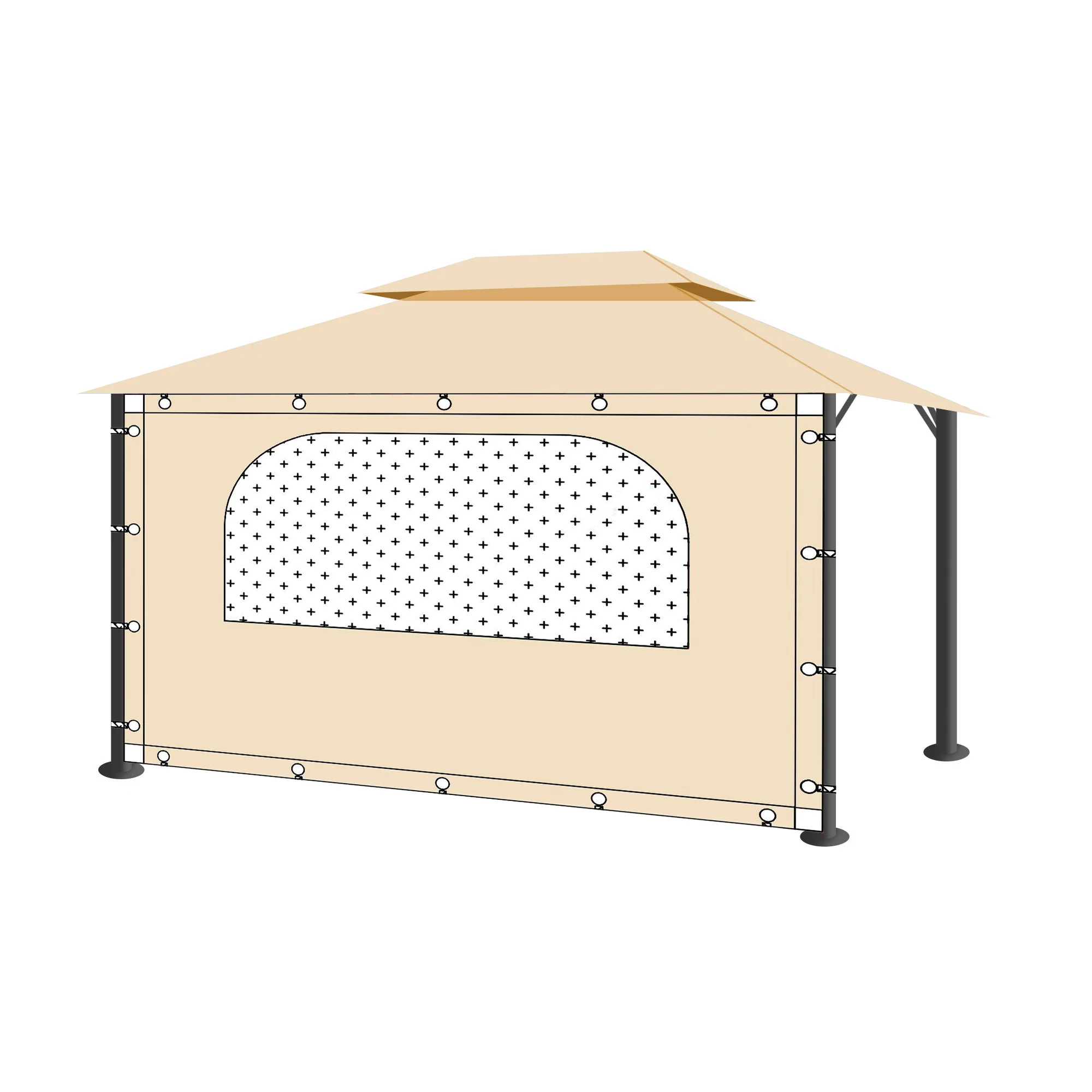 Beige waterproof outdoor gazebo side panel wall with decorative window, for pergola & porch privacy.