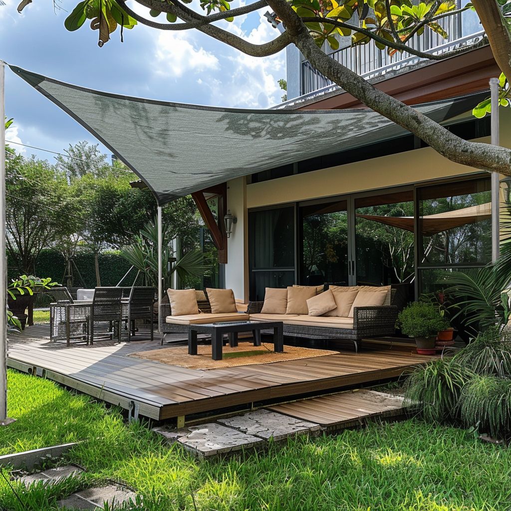 Grey custom sized breathable UV block triangle HDPE sun shade sail covering a stylish outdoor patio with sofa, dining set, and lush garden.