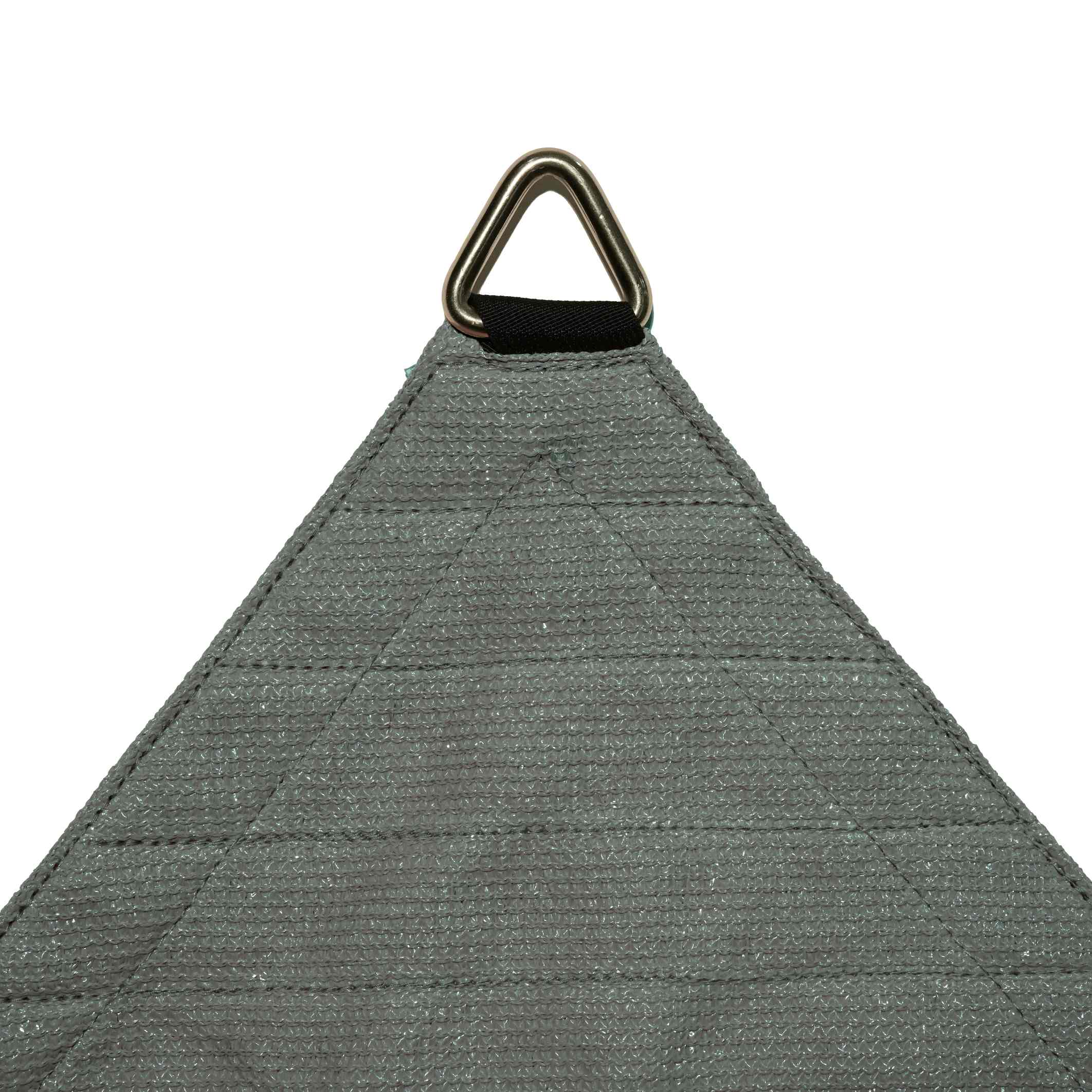 Close-up of grey breathable HDPE triangle sun shade sail corner with silver D-ring attachment for patio & pool UV block