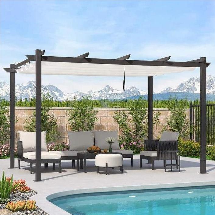 White retractable pergola canopy fabric providing weatherproof sun protection over an outdoor patio furniture set by a pool.