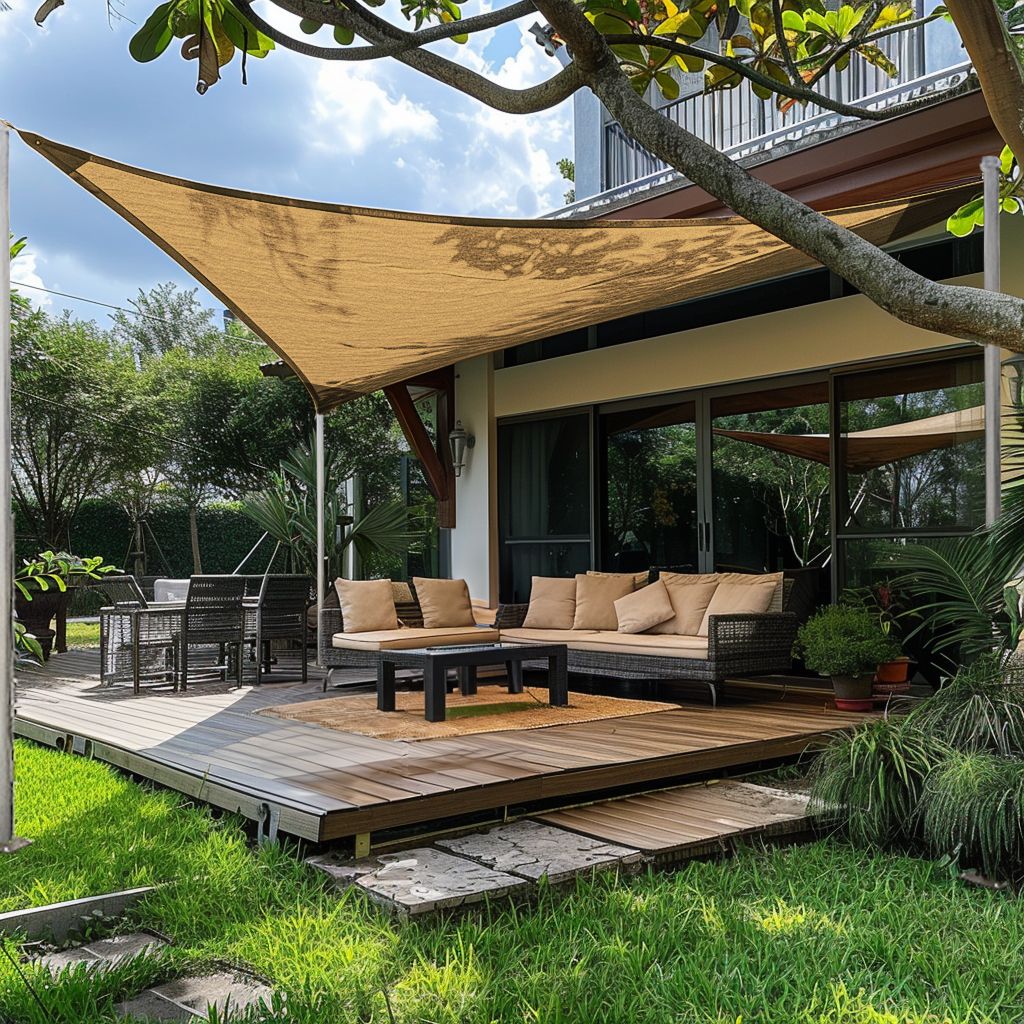 Custom breathable UV block triangle sun shade sail over a modern patio with outdoor lounge furniture and green lawn.