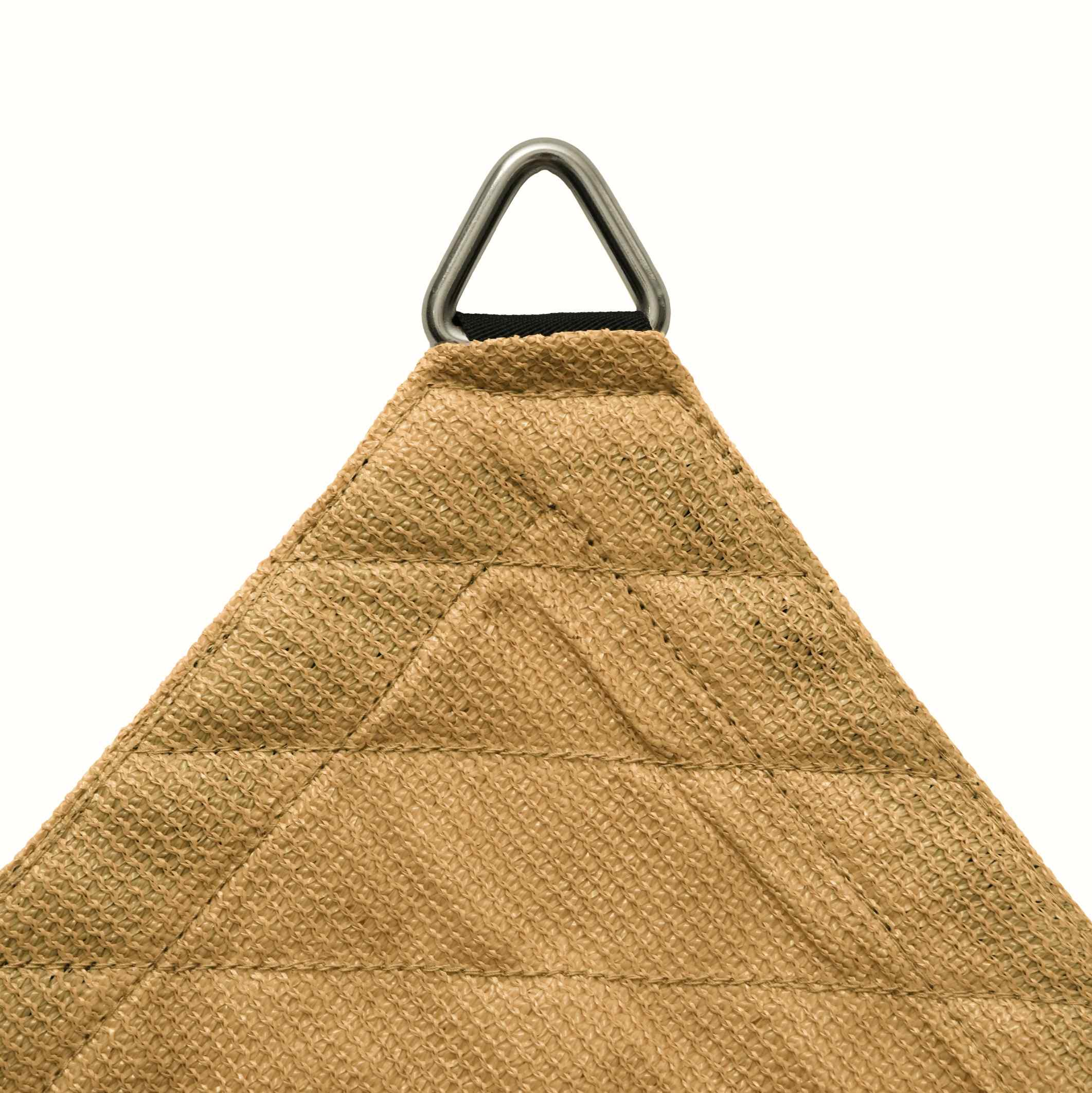 Close-up of tan breathable HDPE UV block triangle sun shade sail corner with heavy-duty reinforced stitching and metal D-ring.