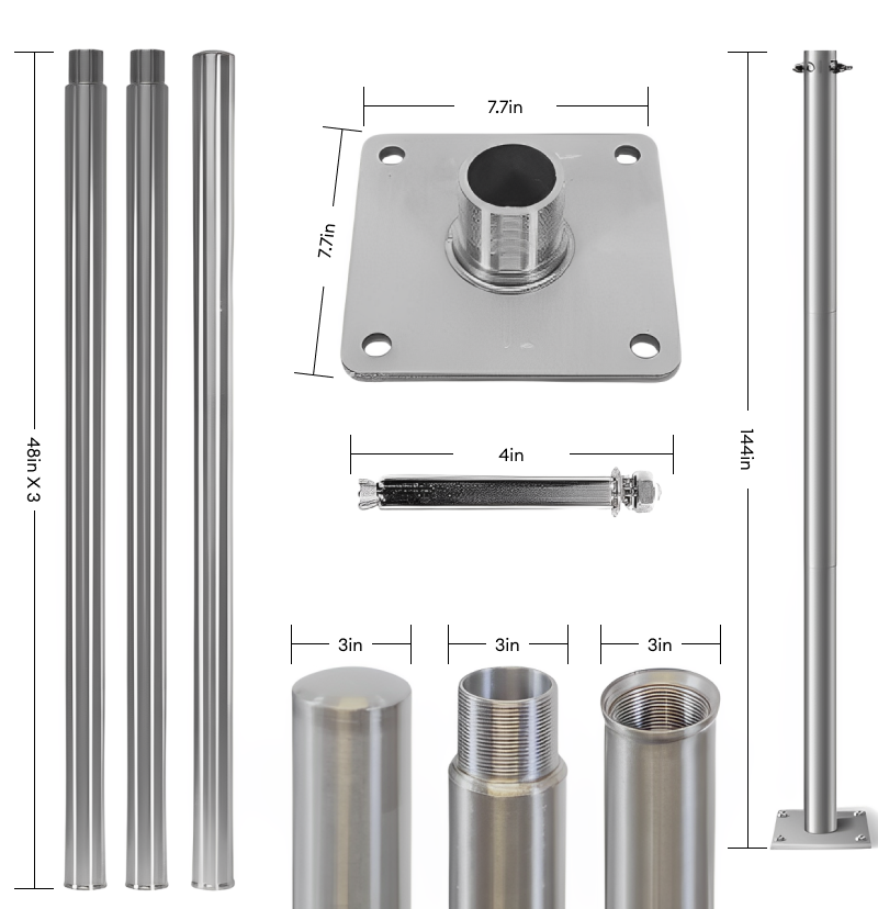 Stainless steel sun shade sail support pole kit. Modular sections, base, anchor, and 144in assembled pole. Outdoor patios.