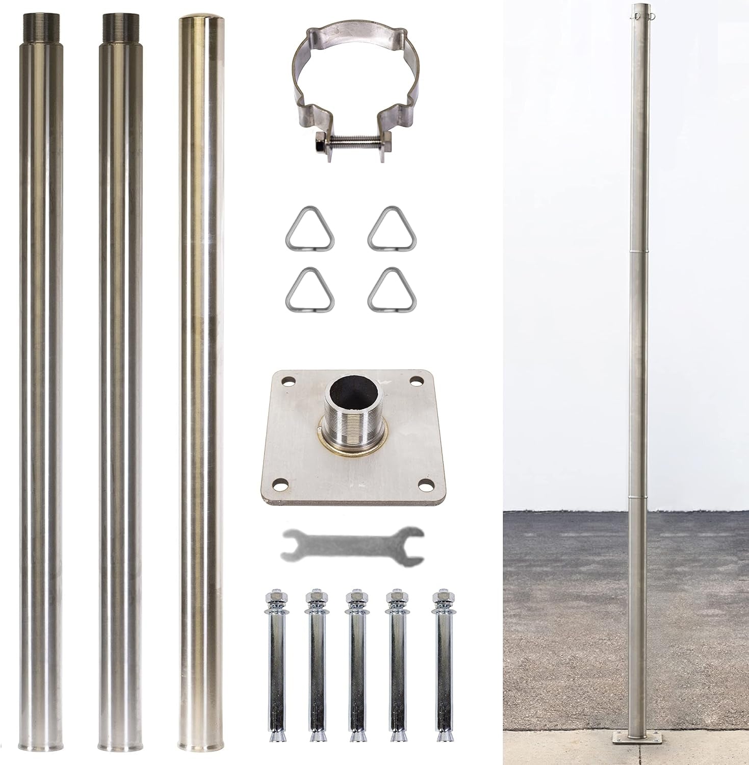 Heavy-duty 304 stainless steel support pole kit for sun shade sails; shows modular sections, base, hardware, and assembled rust-proof pole.