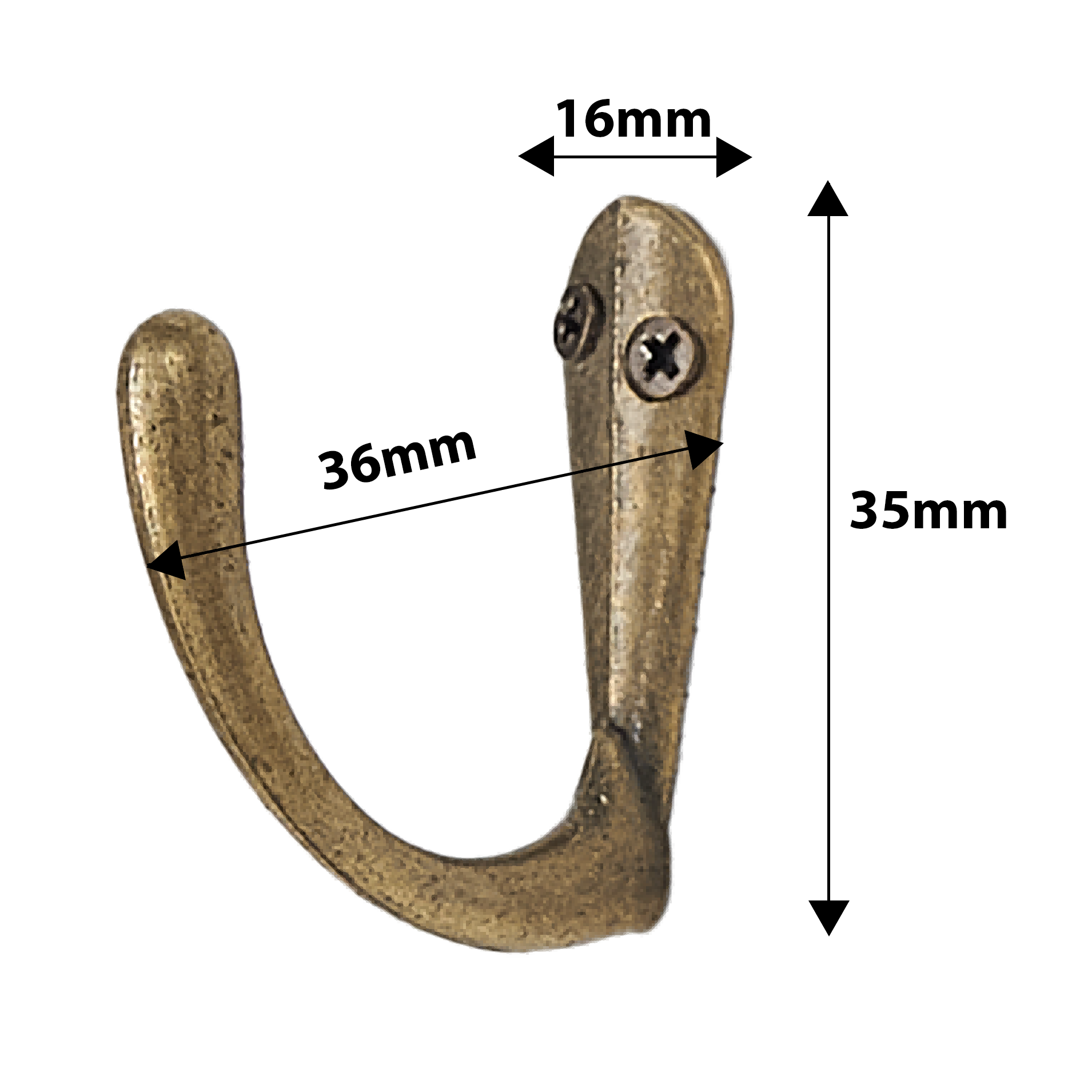 Antique brass single wall hook with mounting screws, showing dimensions: 36mm length, 16mm width, 35mm height.