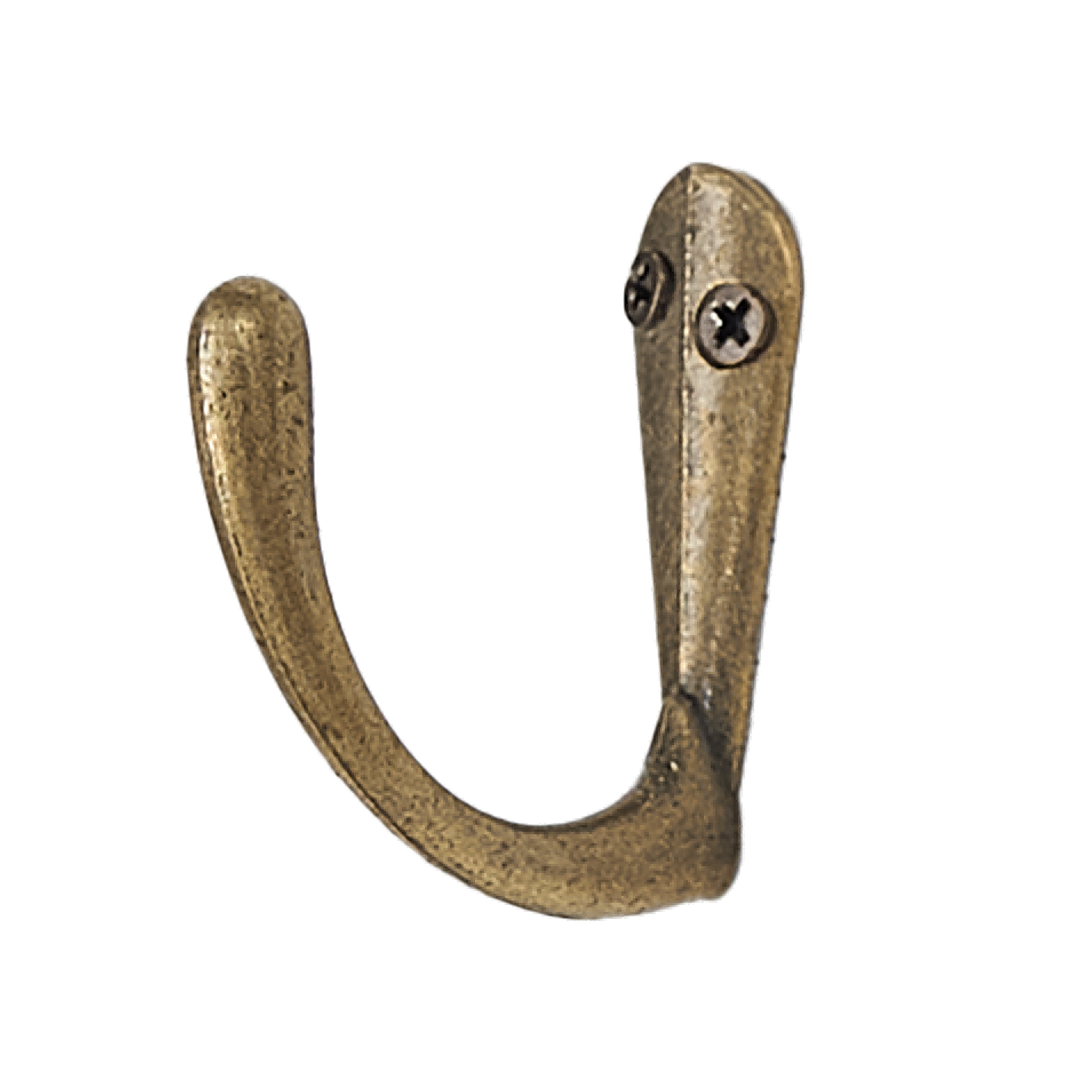 Antique brass zinc die cast single coat hook with two iron screws for wall mounting.