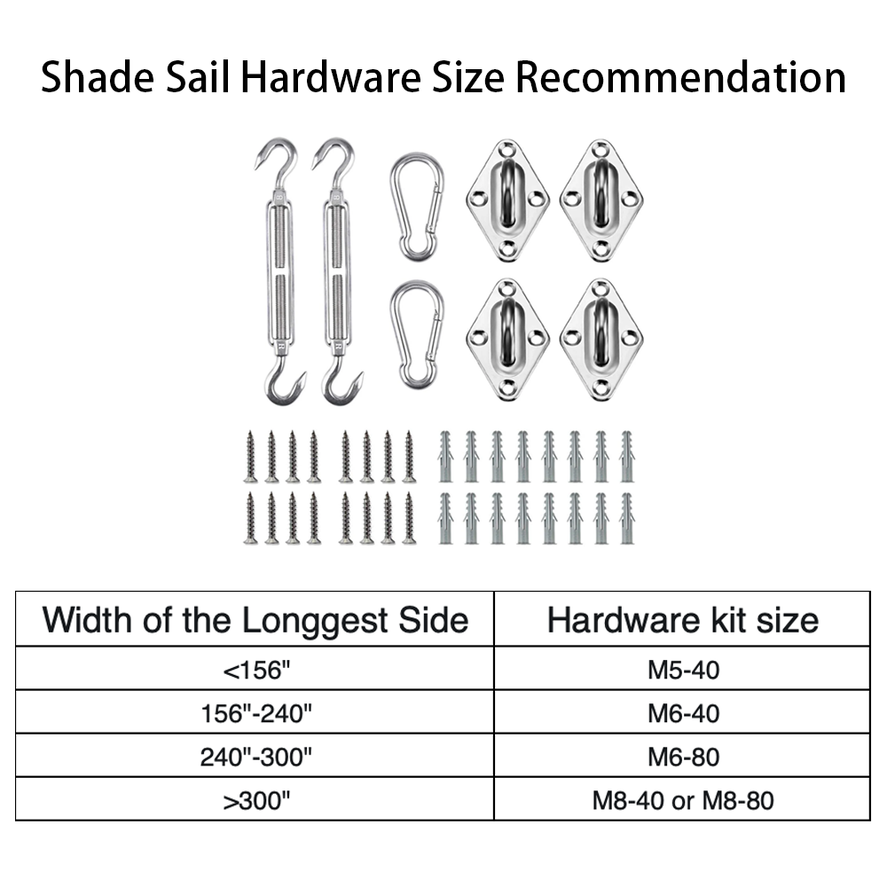 Stainless steel outdoor shade sail hardware kit: turnbuckles, carabiners, pad eyes, screws, anchors, and sizing guide.