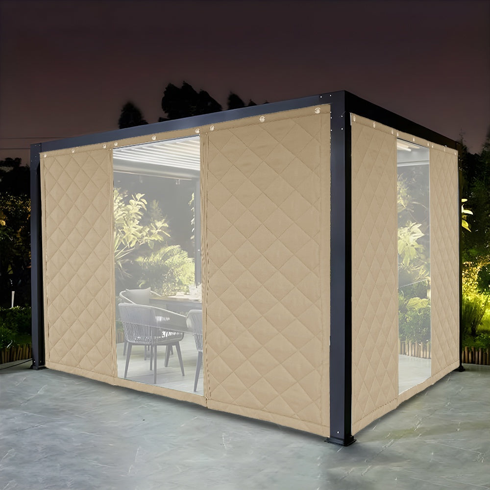 Custom sized beige quilted thermal insulated curtains & clear waterproof tarps enclosing an outdoor pergola patio for winter.