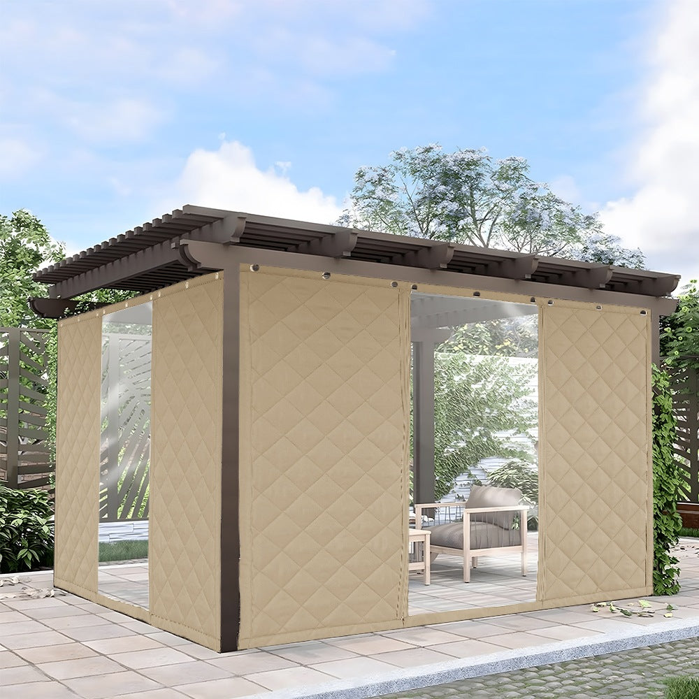 Custom sized beige quilted thermal curtains and clear waterproof tarps for pergolas, providing winter protection & privacy.