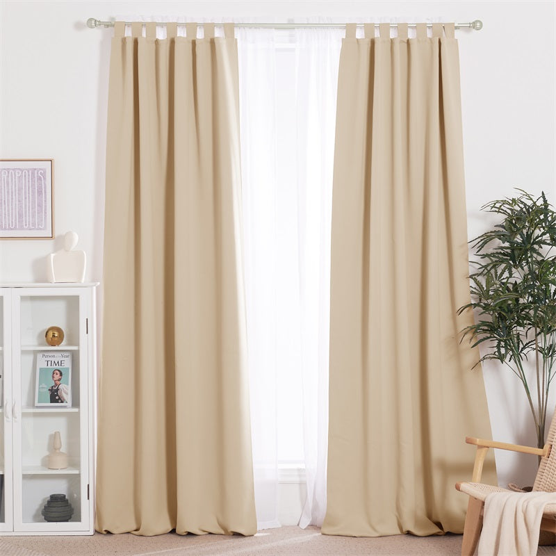 Full-length beige tab-top outdoor curtains on a 1-inch ball telescoping double drapery rod set for stylish patio shade.