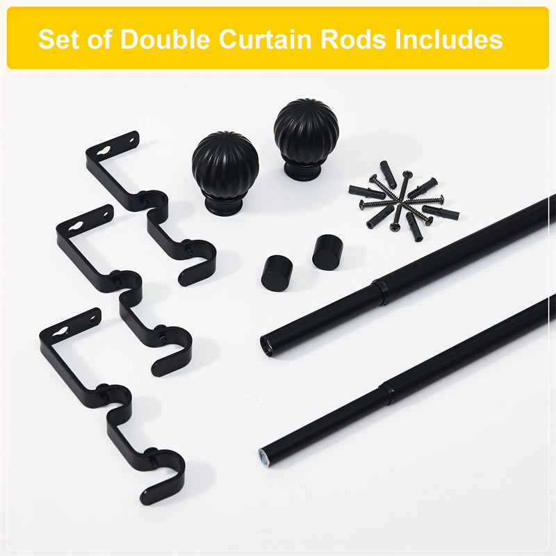 Black 1-inch ball telescoping double outdoor curtain rod set components. Shows rods, fluted ball finials, brackets, and all mounting hardware.
