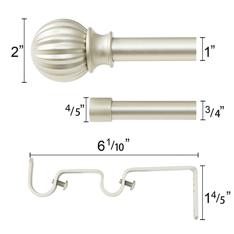 KGORGE 1-inch ball finial, 3/4-inch inner rod, & double drapery bracket with measurements for telescoping outdoor curtain rod set.