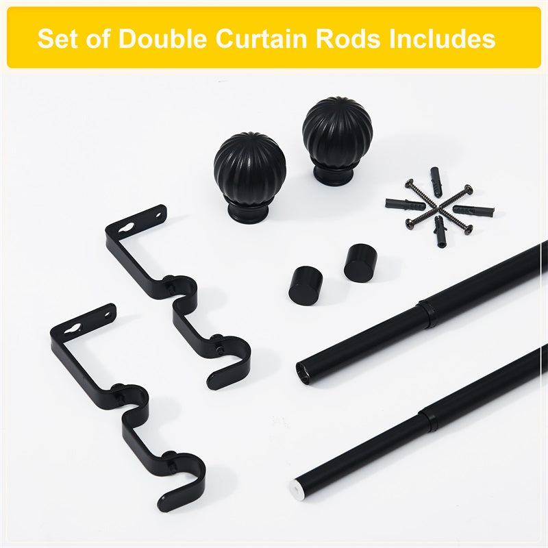Complete set of black 1 inch ball telescoping double drapery outdoor curtain rod hardware, including finials, rods, brackets, and mounting screws.