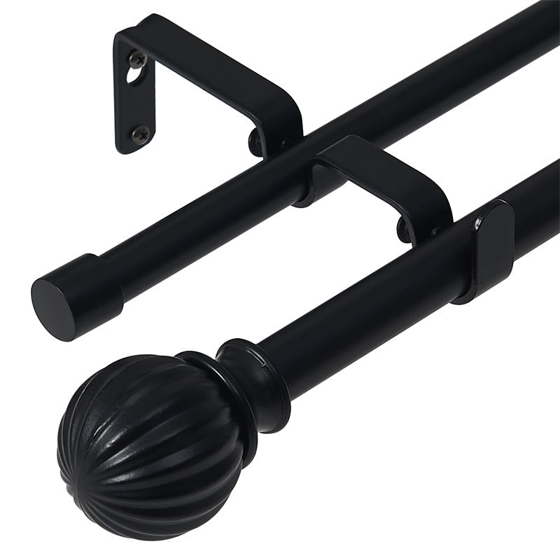 KGORGE black 1-inch ball telescoping double outdoor drapery rod set with fluted finial and flat end cap.