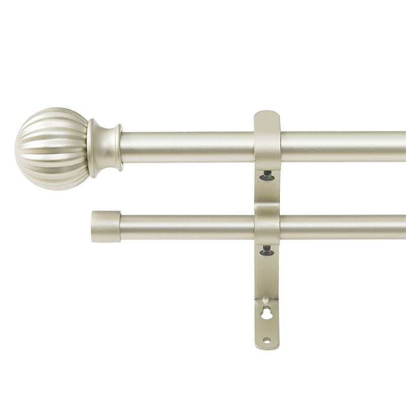 Champagne 1 inch ball telescoping double drapery outdoor curtain rod set with ribbed finial and mounting bracket.