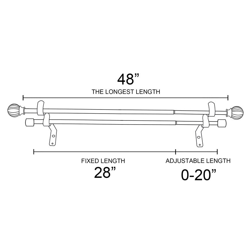 Diagram of 1 inch ball telescoping double drapery outdoor curtain rod with 48" max length, 28" fixed, and 0-20" adjustable length.