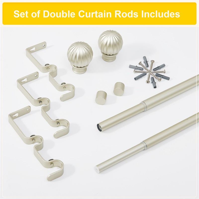 1 inch ball telescoping double outdoor curtain rod set components: rods, finials, brackets, and weatherproof mounting hardware.