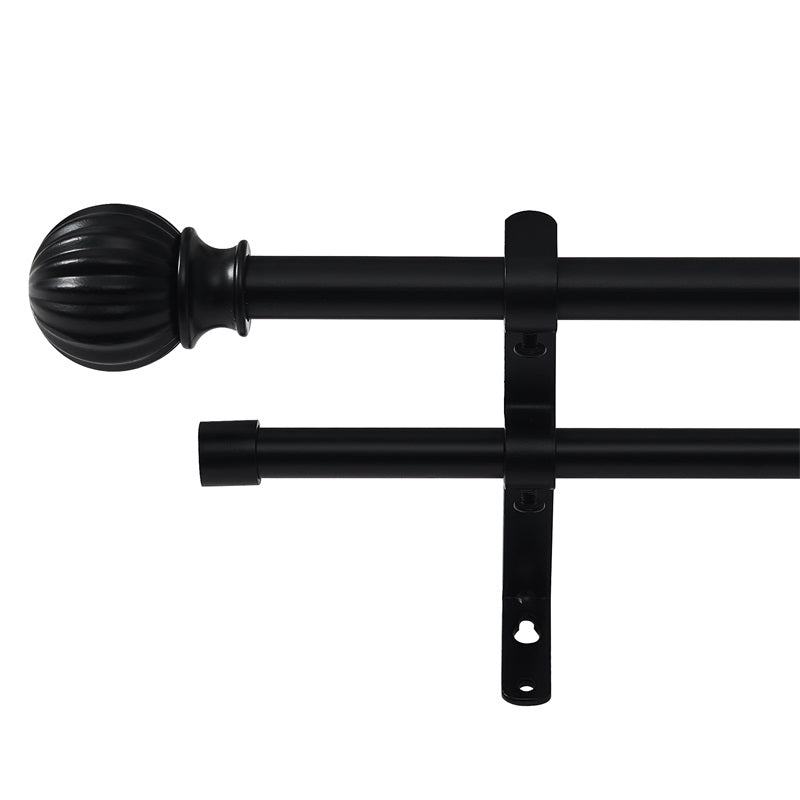 Black 1-inch ball telescoping double drapery outdoor curtain rod set with a ribbed finial and sturdy mounting bracket.