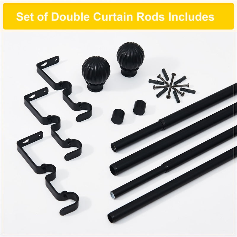 Black 1 inch ball telescoping double drapery outdoor curtain rod set with brackets, fluted finials, screws, and anchors.