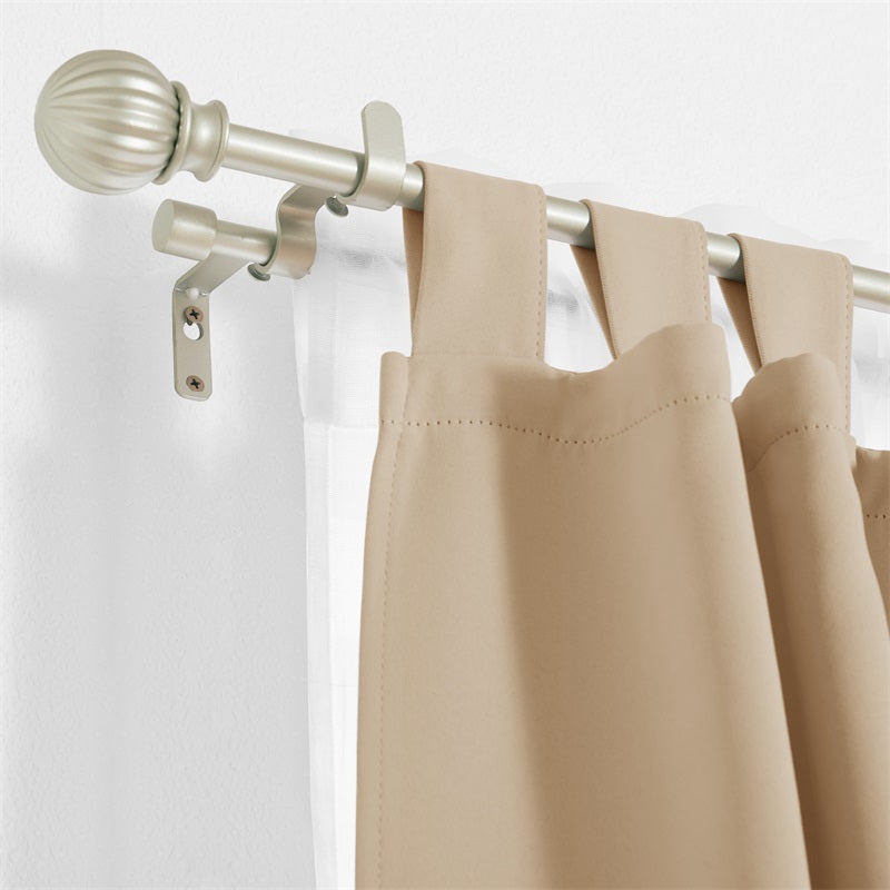 Silver 1-inch ball telescoping double outdoor curtain rod set with beige tab-top weatherproof curtain and sheer panel.