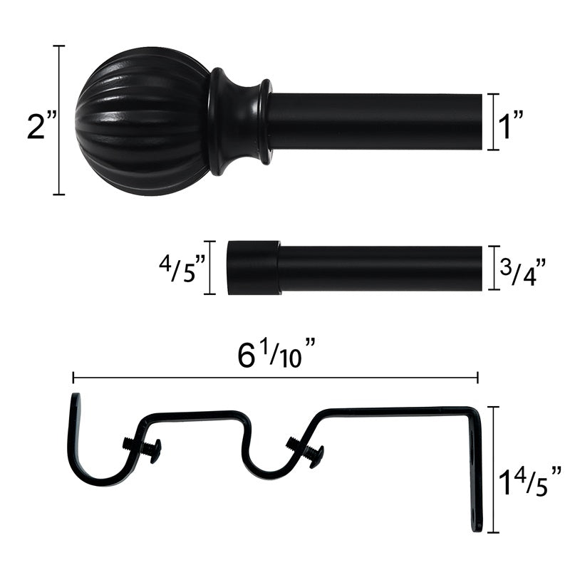 Detailed dimensions of the black 1-inch ball finial, telescoping rods, and double outdoor curtain rod bracket components.