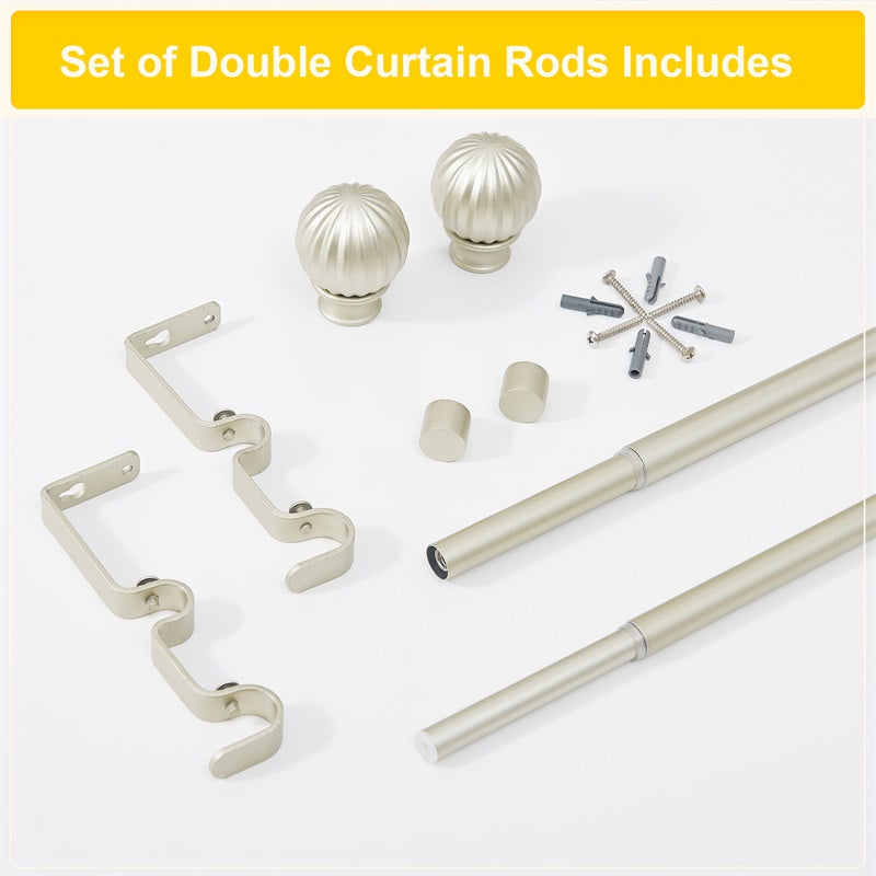 Brushed nickel 1 inch ball telescoping double drapery outdoor curtain rod set components, including decorative finials, brackets, rods, and mounting hardware.