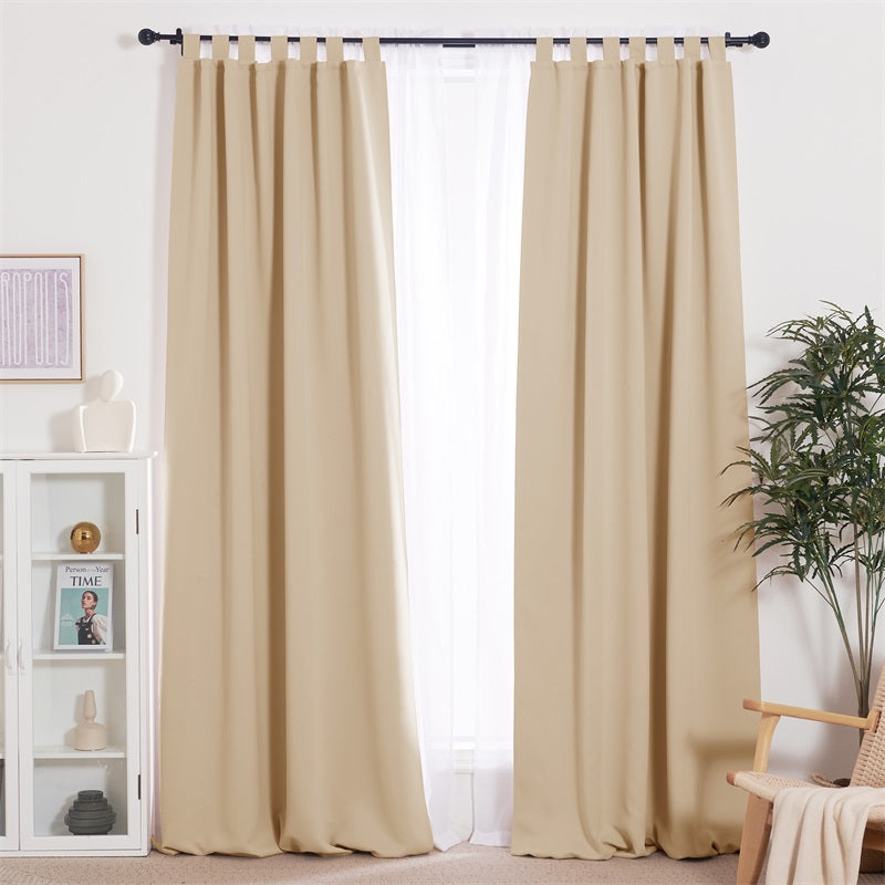 Beige Fadenomore™ outdoor curtains on a 1-inch ball telescoping double drapery rod set, with sheer white curtains behind.