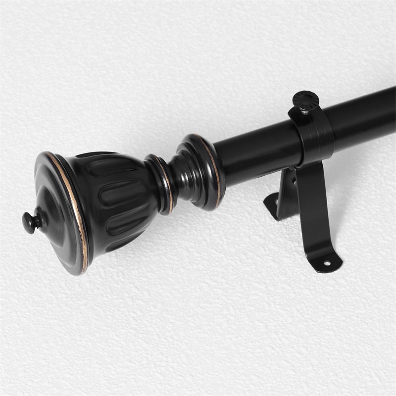 KGORGE 1-inch black rust-resistant outdoor window curtain rod with decorative finial and sturdy mounting bracket.