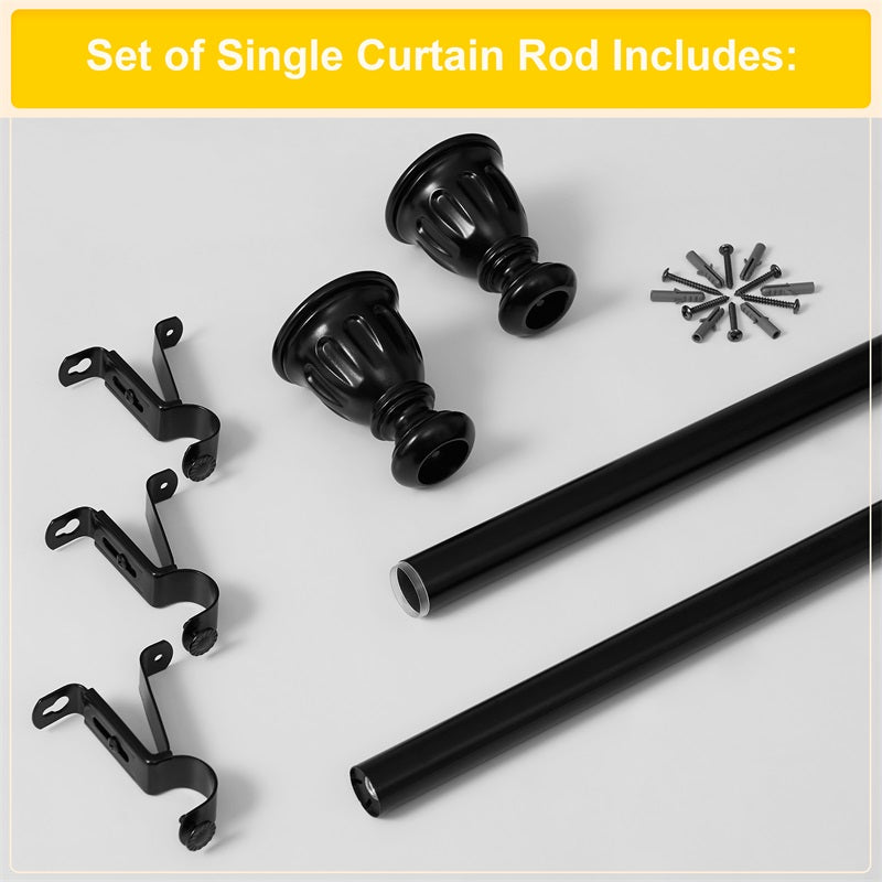 Black rust-resistant 1 inch outdoor curtain rod sections, decorative finials, 3 mounting brackets, and installation hardware.