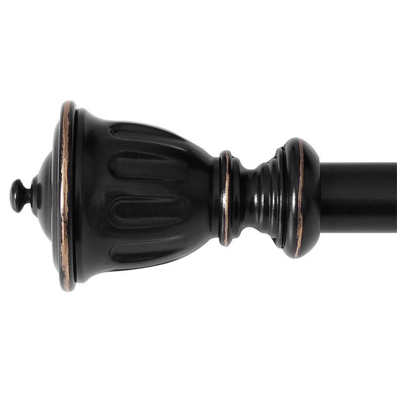 Decorative black 1 inch outdoor curtain rod finial with fluted design and rust-resistant antique bronze accents for window pole.