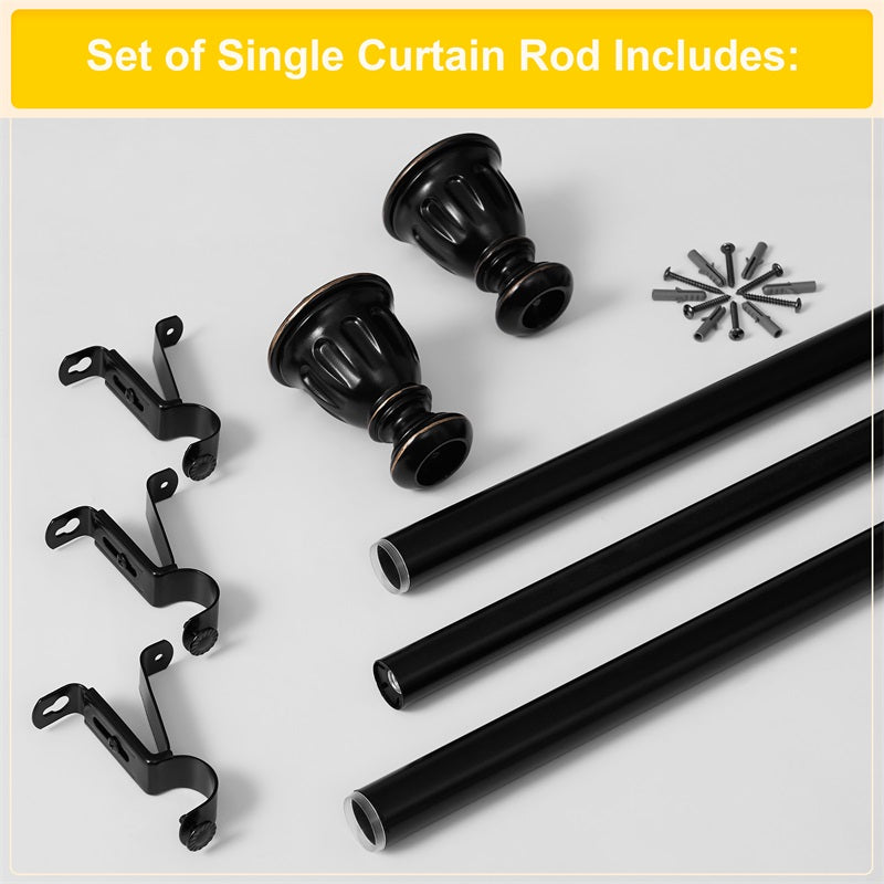Black 1-inch rust-resistant outdoor window curtain pole set showing pole segments, ornate finials, brackets & mounting hardware.