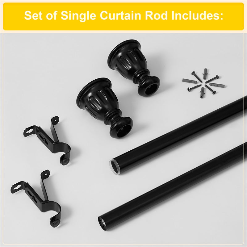 Black rust-resistant 1-inch outdoor curtain rod set, including ornate finials, mounting brackets, rod sections, and installation hardware.