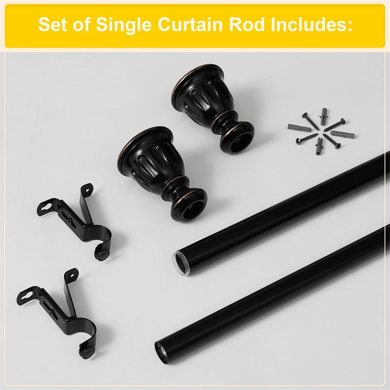 Black 1 inch rust-resistant outdoor curtain rod set with decorative finials, mounting brackets, telescoping pole sections, and hardware.