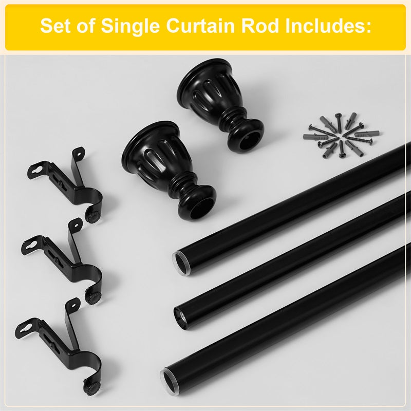 Black rust-resistant 1-inch outdoor curtain rod complete set: pole sections, elegant finials, wall brackets, and hardware.