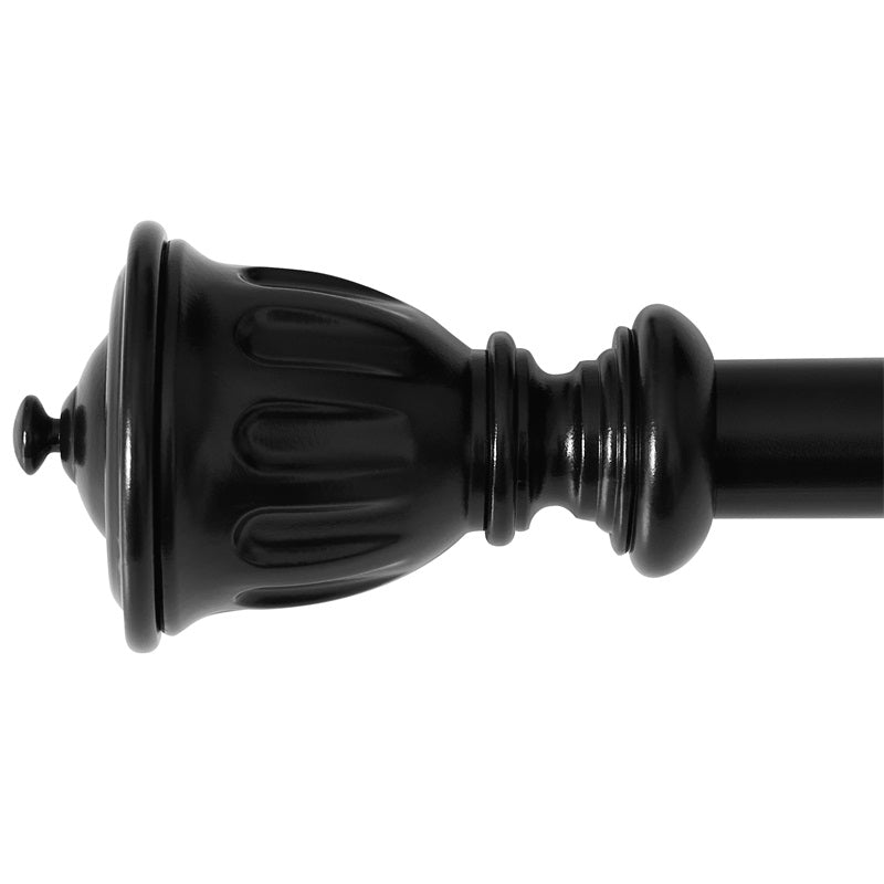 1-inch black rust-resistant outdoor curtain rod with an ornate fluted finial. Durable aluminum alloy for window or patio.